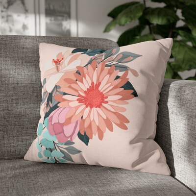 Pastel Tropical Bouquet on Blush Square Pillow CASE ONLY, 4 sizes available, Floral throw pillow, Farmhouse Country Decor, Tropical Decor - image1